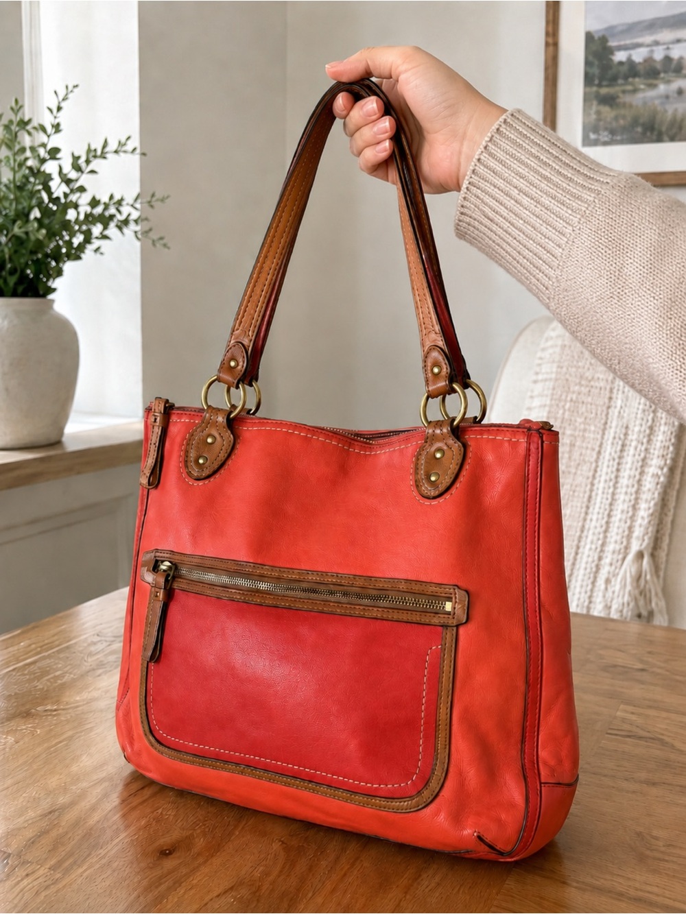 Coach Coral Orange Leather Tote